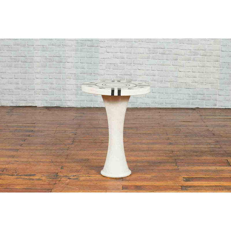 White Marble Side Table with Poker Design Round Top and Pedestal Hourglass Base