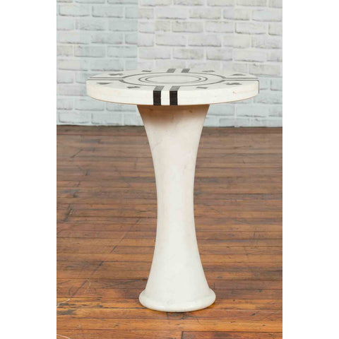 White Marble Side Table with Poker Design Round Top and Pedestal Hourglass Base