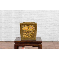 Chinese Qing Dynasty Period Brown Square Planter with Rabbits, Flowers and Birds
