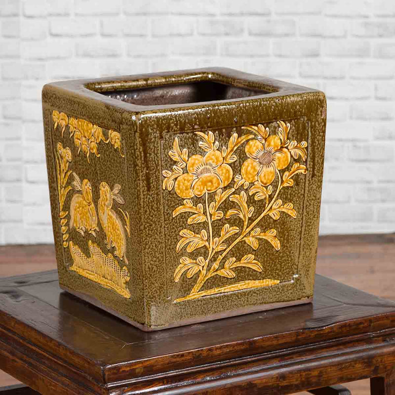 Chinese Qing Dynasty Period Brown Square Planter with Rabbits, Flowers and Birds