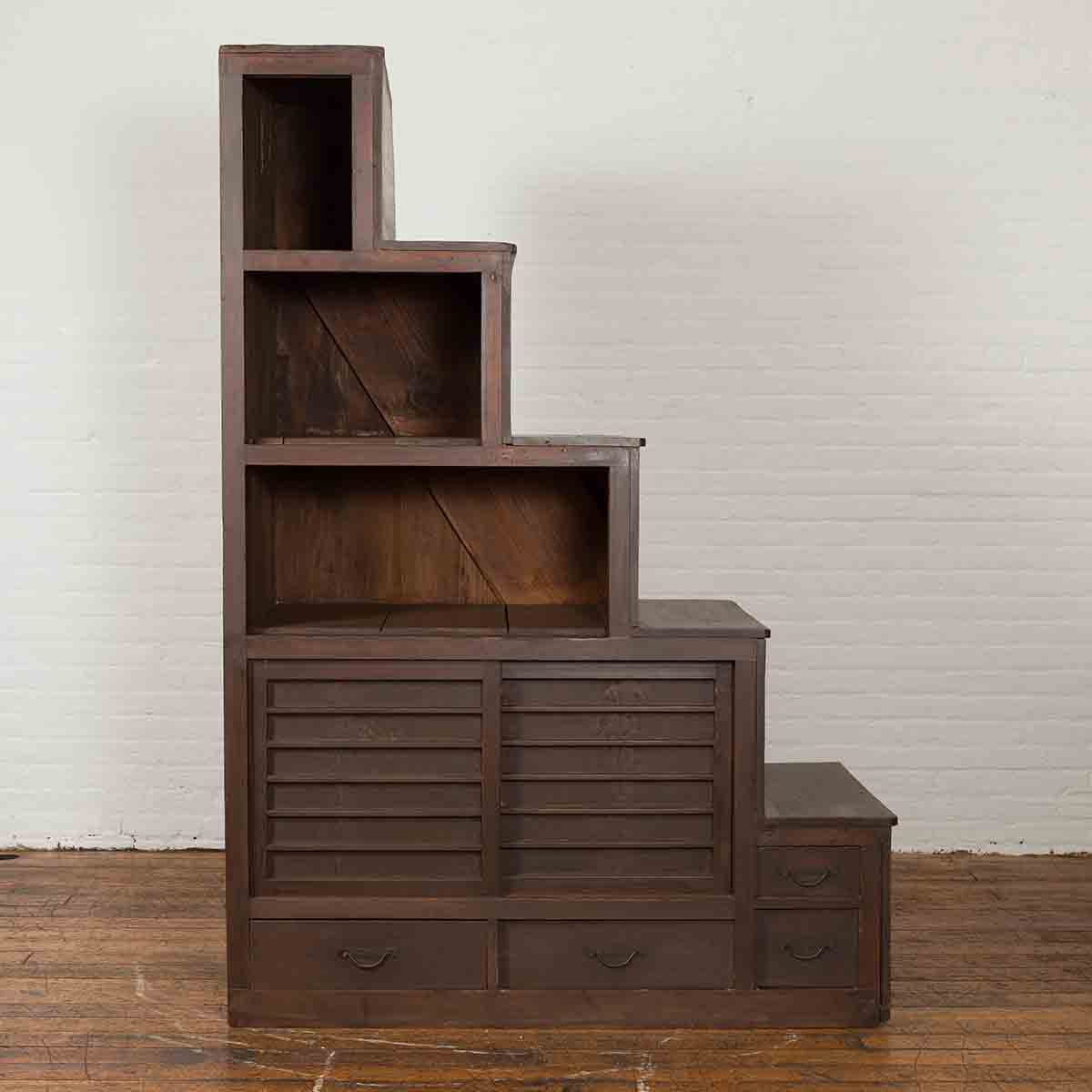 Japanese Tansu Cabinet with Staircase Design, Sliding Doors and Drawers-2. Asian & Chinese Furniture, Art, Antiques, Vintage Home Décor for sale at FEA Home