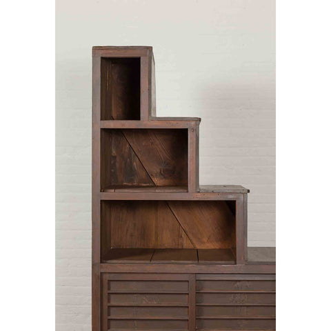 Japanese Tansu Cabinet with Staircase Design, Sliding Doors and Drawers