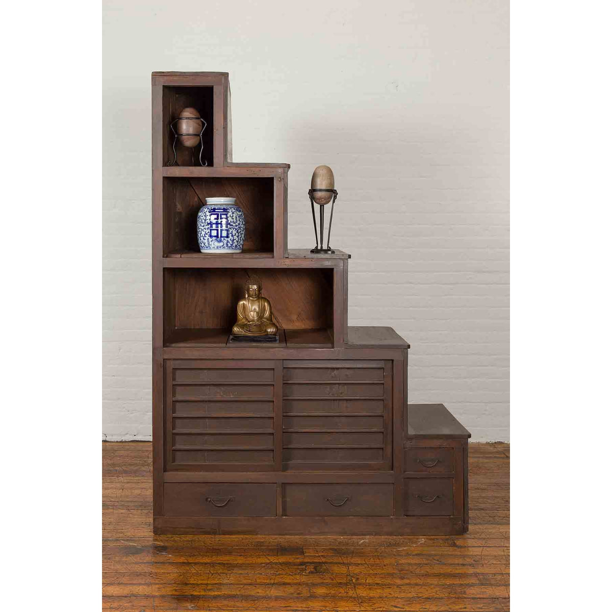 Japanese Tansu Cabinet with Staircase Design, Sliding Doors and Drawers-3. Asian &amp; Chinese Furniture, Art, Antiques, Vintage Home Décor for sale at FEA Home