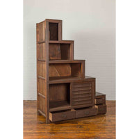Japanese Tansu Cabinet with Staircase Design, Sliding Doors and Drawers