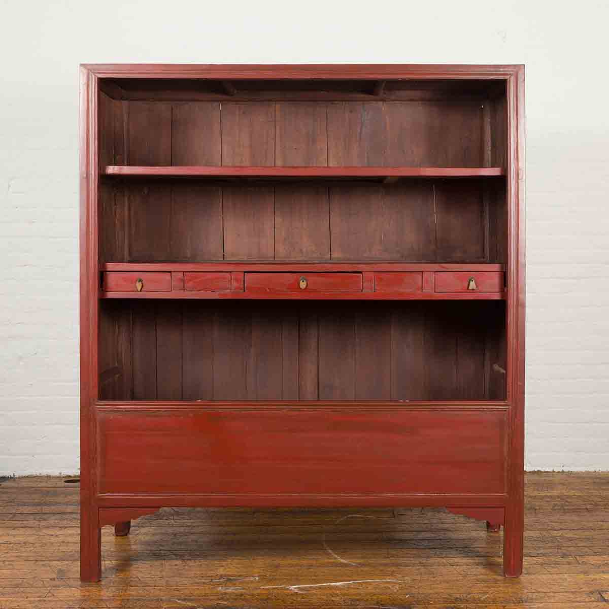 Chinese Early 20th Century Red Lacquered Display Cabinet with Three Drawers-2. Asian & Chinese Furniture, Art, Antiques, Vintage Home Décor for sale at FEA Home