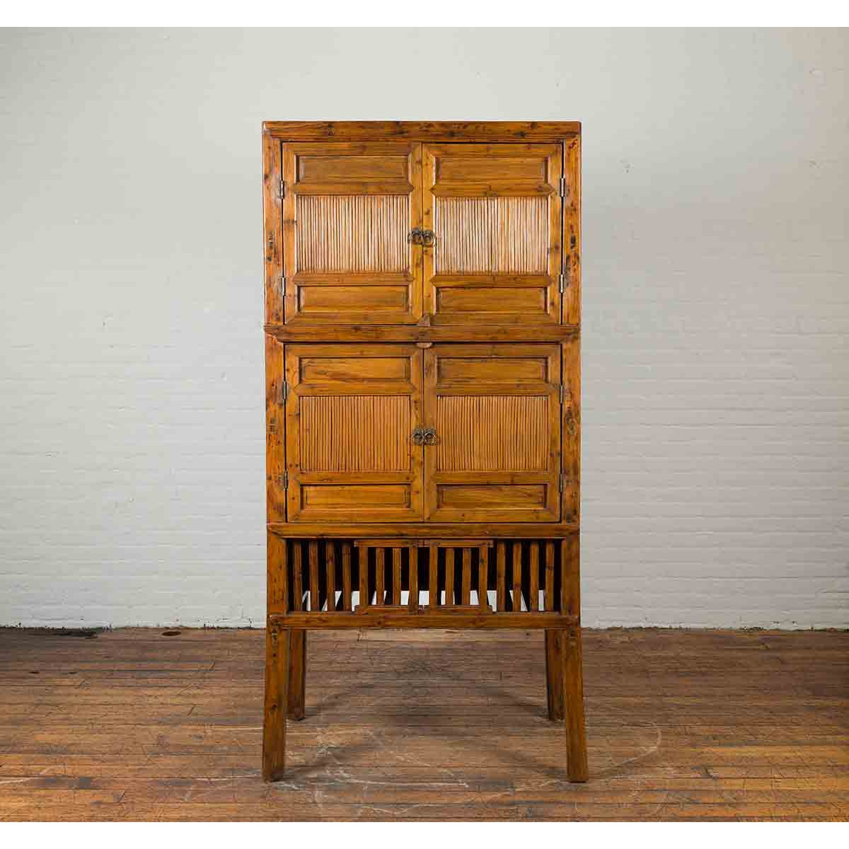 Chinese Vintage Wood and Bamboo Cabinet with Double Doors and Openwork Apron-5. Asian &amp; Chinese Furniture, Art, Antiques, Vintage Home Décor for sale at FEA Home