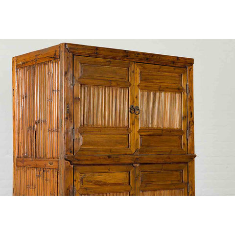 Chinese Vintage Wood and Bamboo Cabinet with Double Doors and Openwork Apron
