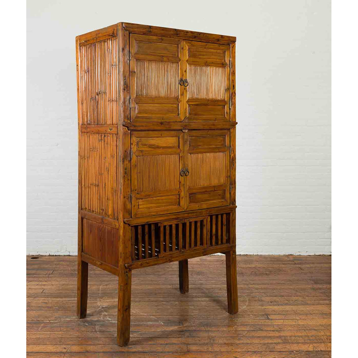 Chinese Vintage Wood and Bamboo Cabinet with Double Doors and Openwork Apron-2. Asian & Chinese Furniture, Art, Antiques, Vintage Home Décor for sale at FEA Home