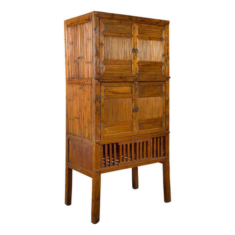 Chinese Vintage Wood and Bamboo Cabinet with Double Doors and Openwork Apron-1. Asian & Chinese Furniture, Art, Antiques, Vintage Home Décor for sale at FEA Home