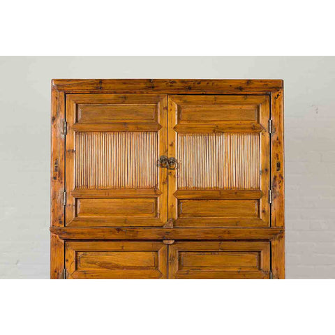 Chinese Vintage Wood and Bamboo Cabinet with Double Doors and Openwork Apron-6. Asian & Chinese Furniture, Art, Antiques, Vintage Home Décor for sale at FEA Home