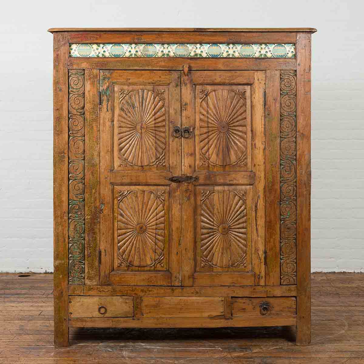 Indonesian 19th Century Cabinet with Sunburst Design and Blue & Yellow Enameled Tiles-2. Asian & Chinese Furniture, Art, Antiques, Vintage Home Décor for sale at FEA Home