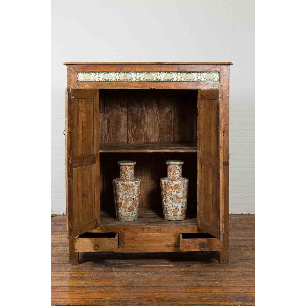 Indonesian 19th Century Cabinet with Sunburst Design and Blue &amp; Yellow Enameled Tiles-4. Asian &amp; Chinese Furniture, Art, Antiques, Vintage Home Décor for sale at FEA Home