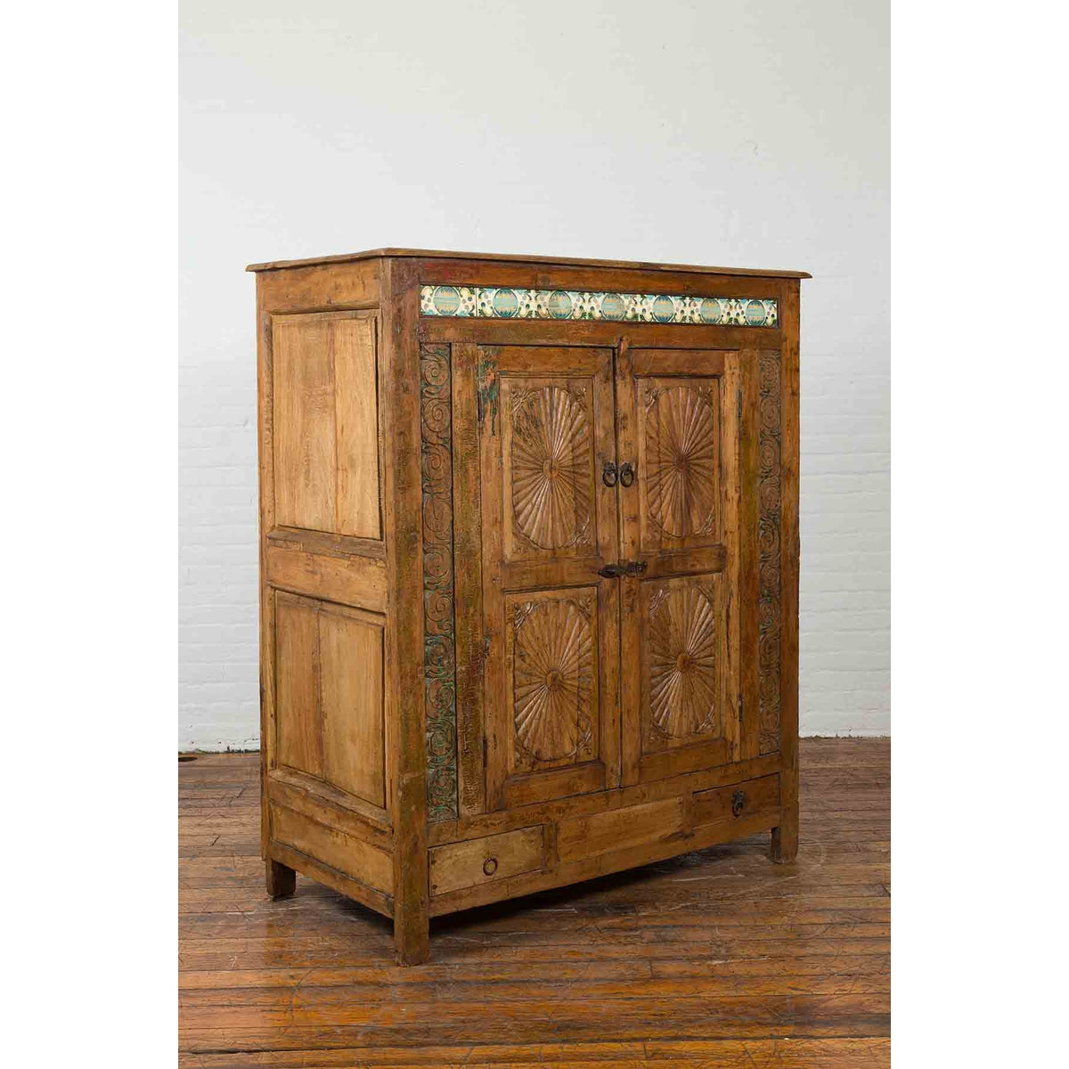 Indonesian 19th Century Cabinet with Sunburst Design and Blue &amp; Yellow Enameled Tiles-3. Asian &amp; Chinese Furniture, Art, Antiques, Vintage Home Décor for sale at FEA Home