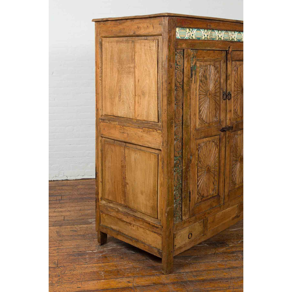 Indonesian 19th Century Cabinet with Sunburst Design and Blue &amp; Yellow Enameled Tiles-13. Asian &amp; Chinese Furniture, Art, Antiques, Vintage Home Décor for sale at FEA Home