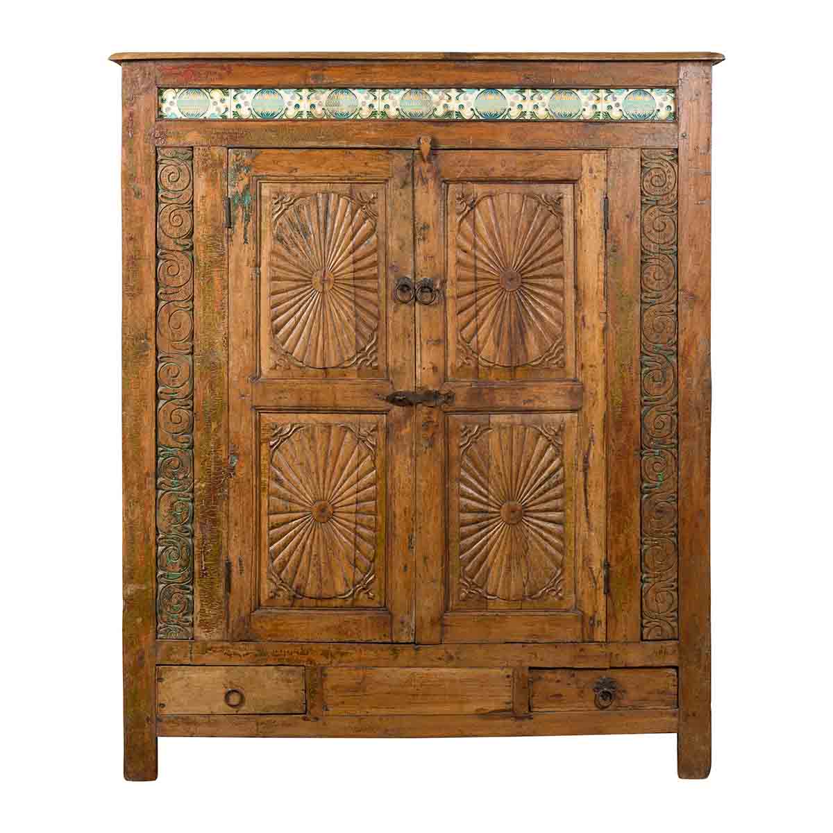 Indonesian 19th Century Cabinet with Sunburst Design and Blue & Yellow Enameled Tiles-1. Asian & Chinese Furniture, Art, Antiques, Vintage Home Décor for sale at FEA Home