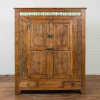 Indonesian 19th Century Cabinet with Sunburst Design and Blue & Yellow Enameled Tiles