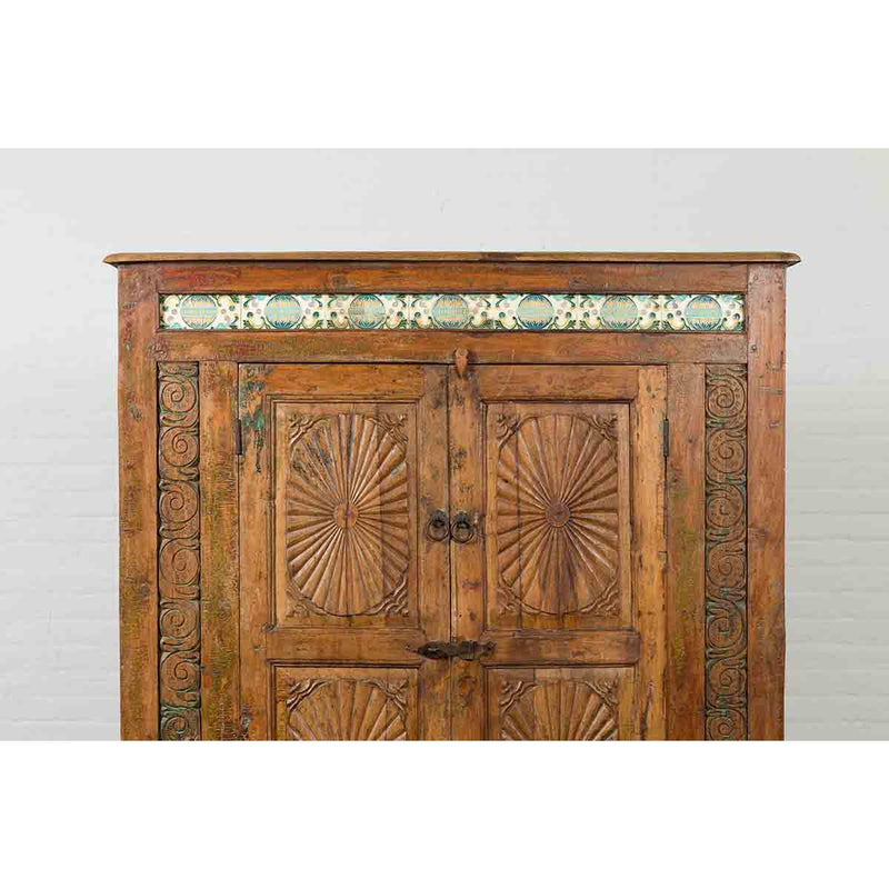Indonesian 19th Century Cabinet with Sunburst Design and Blue & Yellow Enameled Tiles