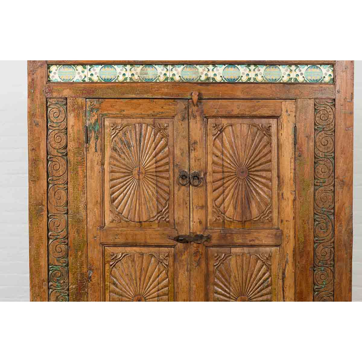 Indonesian 19th Century Cabinet with Sunburst Design and Blue &amp; Yellow Enameled Tiles-6. Asian &amp; Chinese Furniture, Art, Antiques, Vintage Home Décor for sale at FEA Home