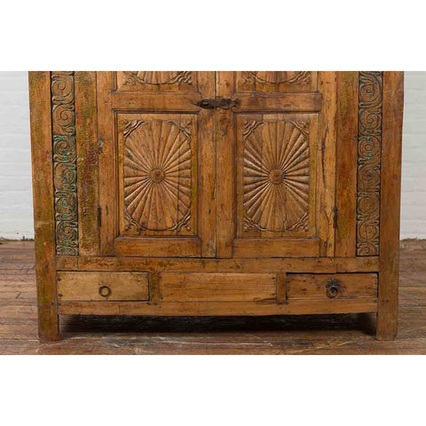 Indonesian 19th Century Cabinet with Sunburst Design and Blue & Yellow Enameled Tiles