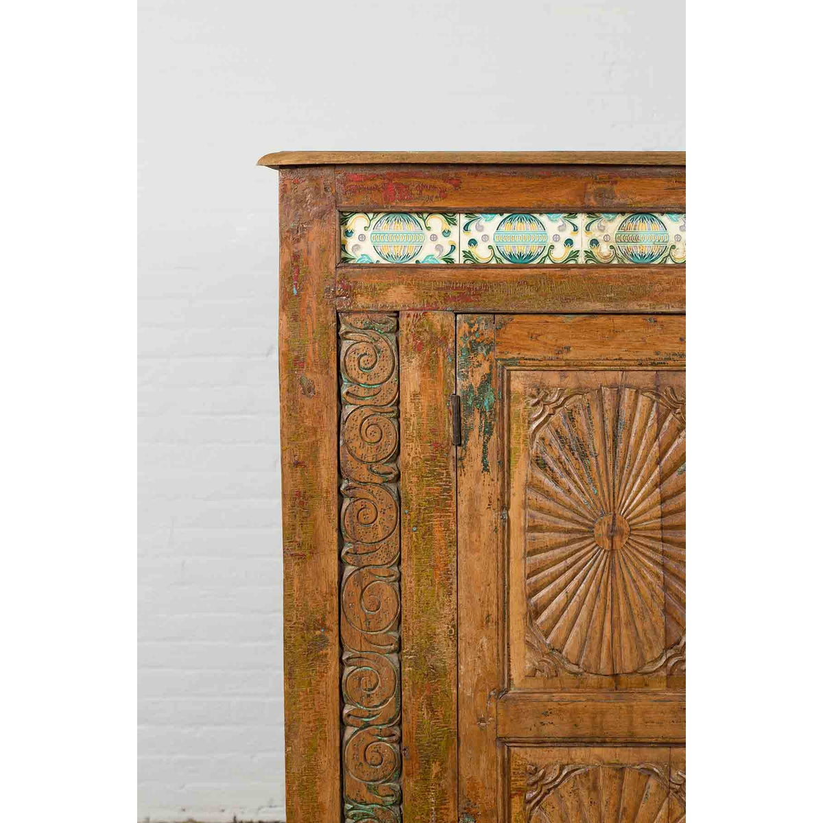Indonesian 19th Century Cabinet with Sunburst Design and Blue &amp; Yellow Enameled Tiles-8. Asian &amp; Chinese Furniture, Art, Antiques, Vintage Home Décor for sale at FEA Home