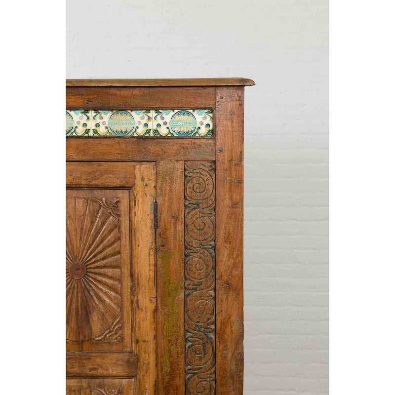 Indonesian 19th Century Cabinet with Sunburst Design and Blue & Yellow Enameled Tiles