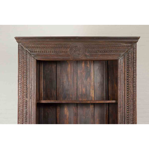 19th Century Indian Wooden Bookcase from Gujarat with Carved Friezes and Rosette
