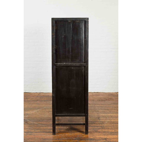 Chinese Early 20th Century Black Lacquer Cabinet with Chinoiserie Décor