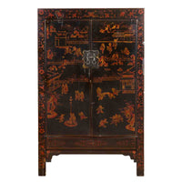 Chinese Early 20th Century Black Lacquer Cabinet with Chinoiserie Décor