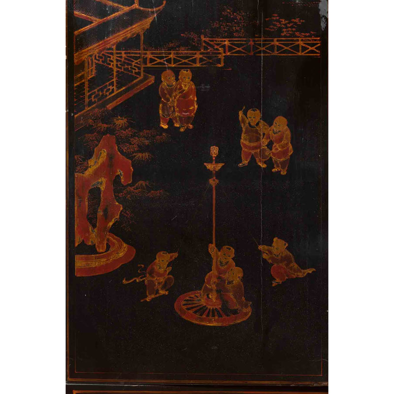 Chinese Early 20th Century Black Lacquer Cabinet with Chinoiserie Décor
