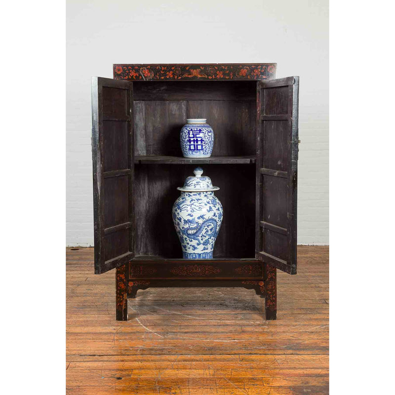 Chinese Early 20th Century Black Lacquer Cabinet with Chinoiserie Décor