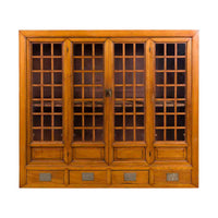Chinese Vintage Display Cabinet with Paneled Glass Doors and Four Drawers