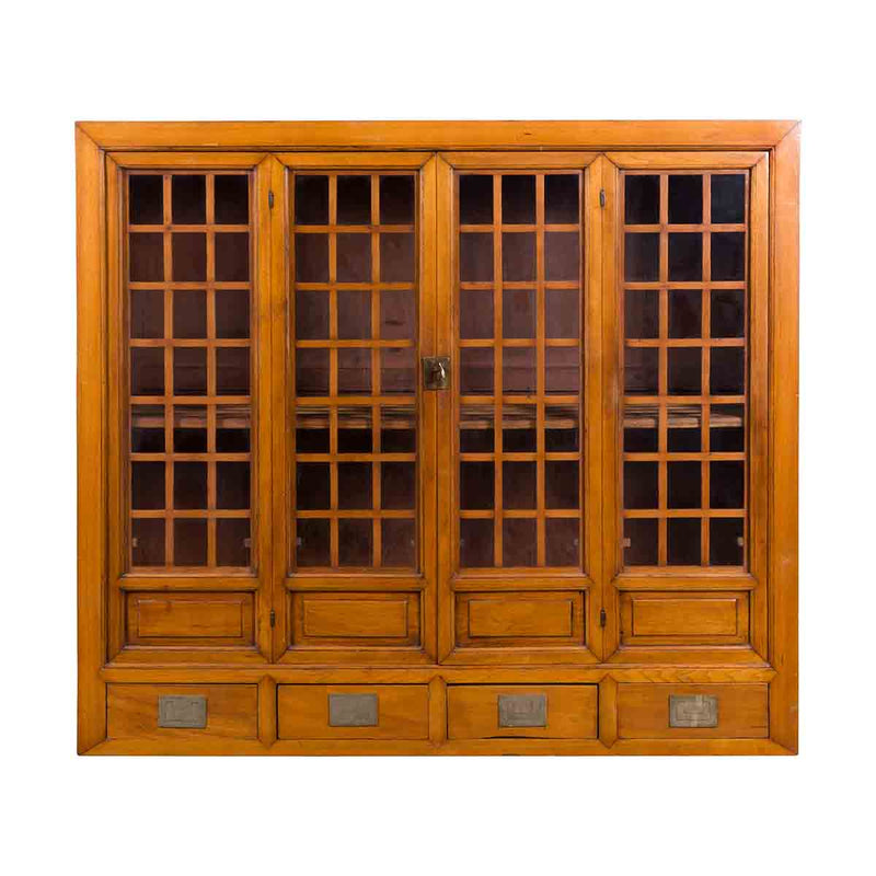 Chinese Vintage Display Cabinet with Paneled Glass Doors and Four Drawers- Asian Antiques, Vintage Home Decor & Chinese Furniture - FEA Home
