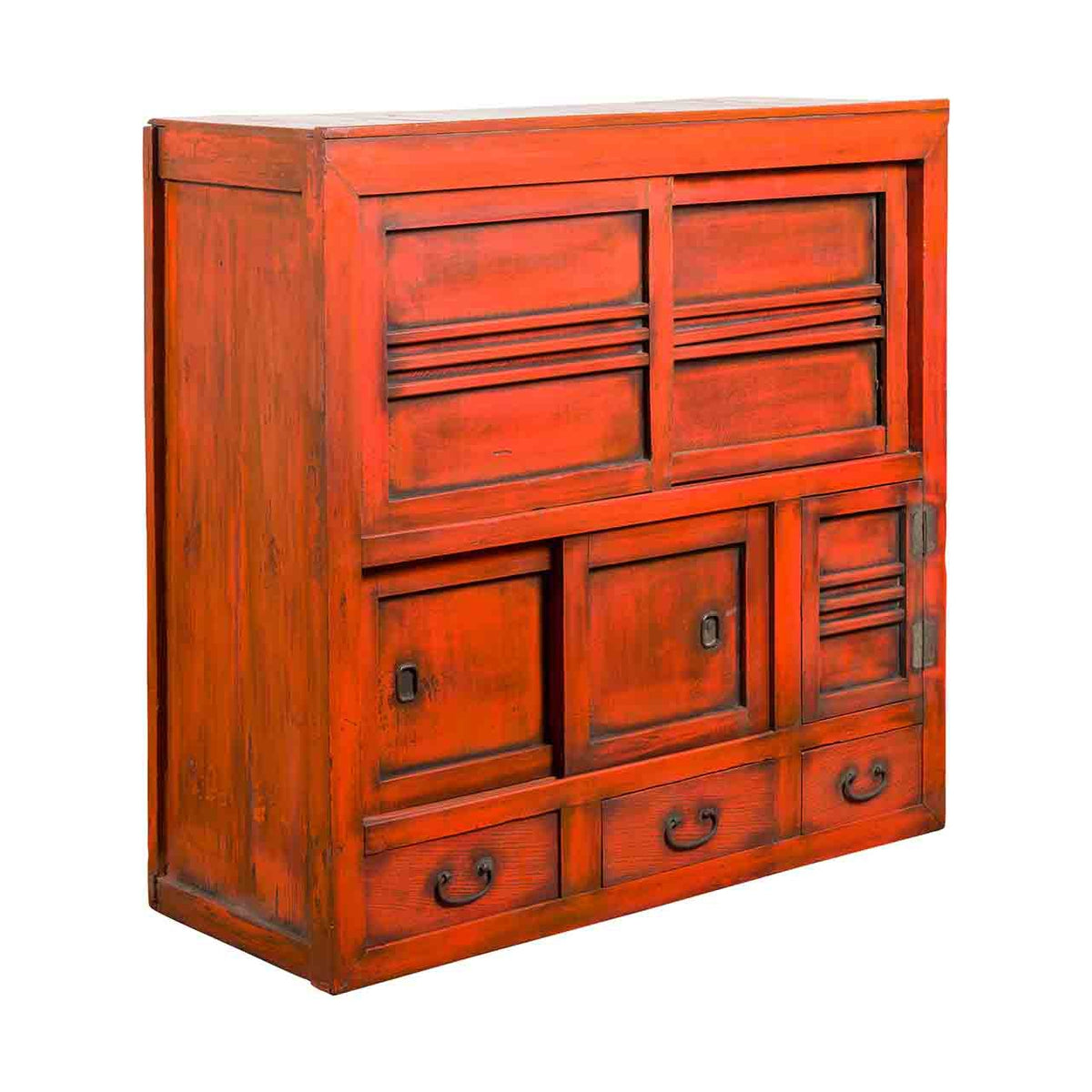 Japanese 19th Century Meiji Period Red Cabinet with Sliding Doors and Drawers-1. Asian & Chinese Furniture, Art, Antiques, Vintage Home Décor for sale at FEA Home