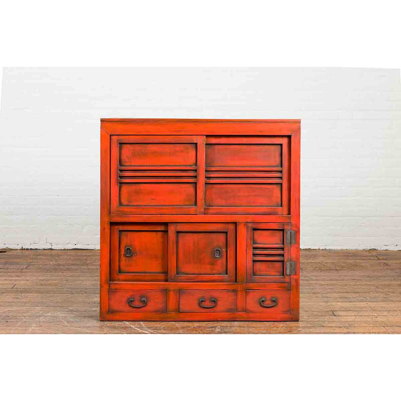 Japanese 19th Century Meiji Period Red Cabinet with Sliding Doors and Drawers
