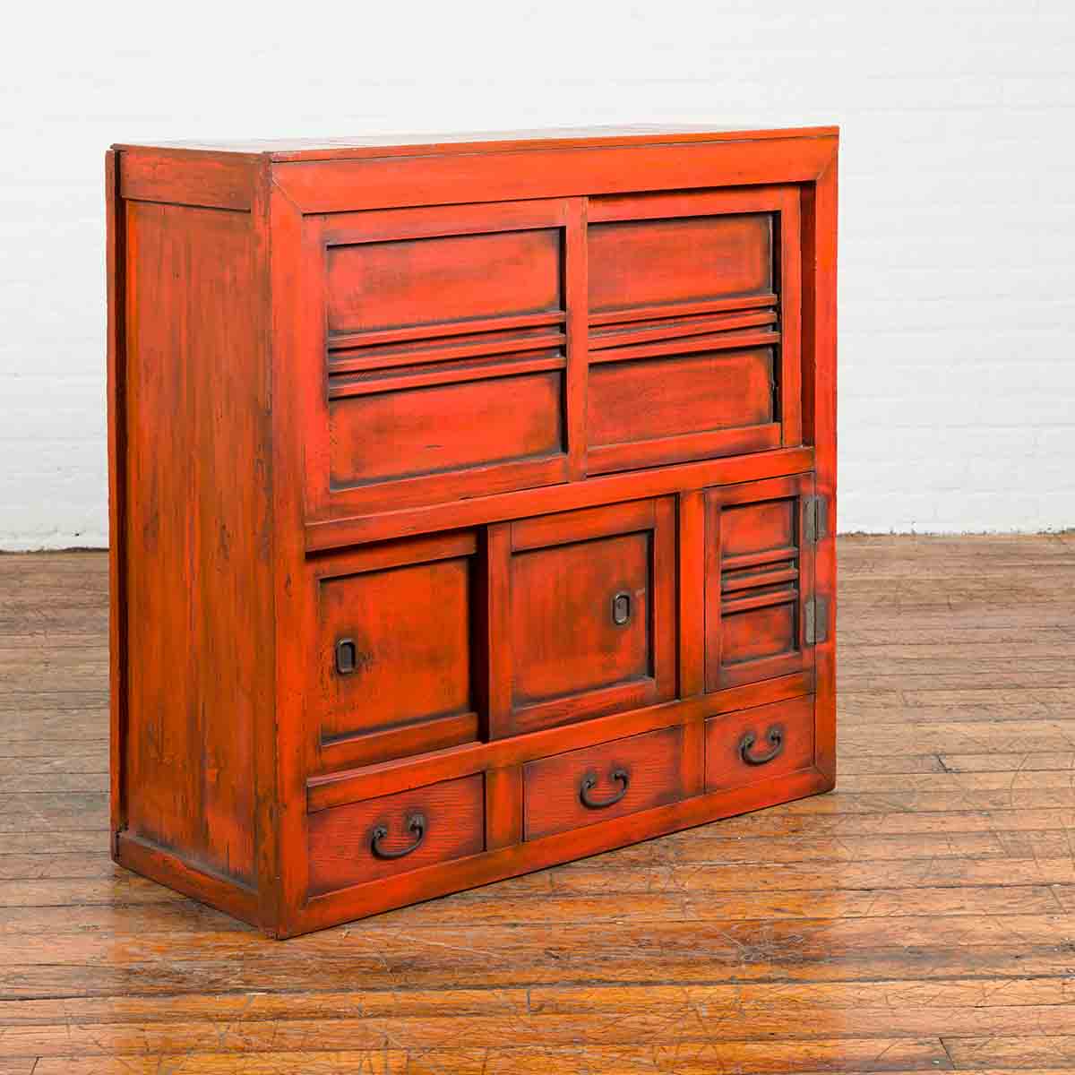 Japanese 19th Century Meiji Period Red Cabinet with Sliding Doors and Drawers-2. Asian & Chinese Furniture, Art, Antiques, Vintage Home Décor for sale at FEA Home