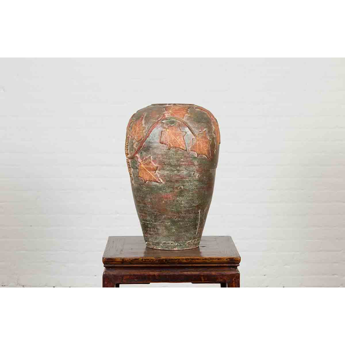 Vintage Thai Garden Vase with Vine Leaves Motifs, Orange and Green Tones-3. Asian &amp; Chinese Furniture, Art, Antiques, Vintage Home Décor for sale at FEA Home