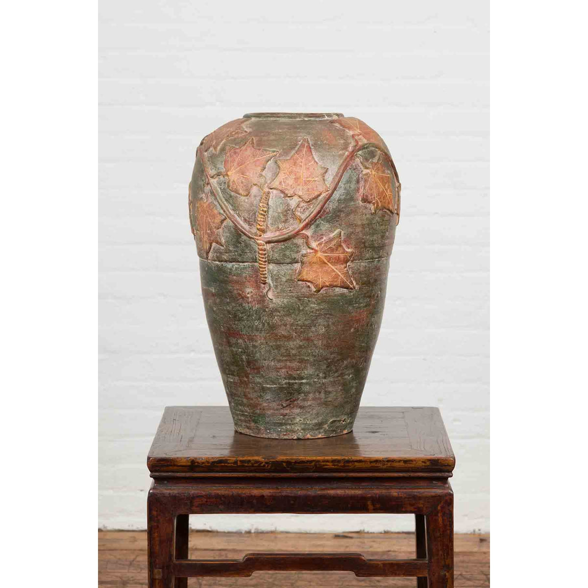 Vintage Thai Garden Vase with Vine Leaves Motifs, Orange and Green Tones-8. Asian &amp; Chinese Furniture, Art, Antiques, Vintage Home Décor for sale at FEA Home