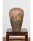 Vintage Thai Garden Vase with Vine Leaves Motifs, Orange and Green Tones-8. Asian & Chinese Furniture, Art, Antiques, Vintage Home Décor for sale at FEA Home