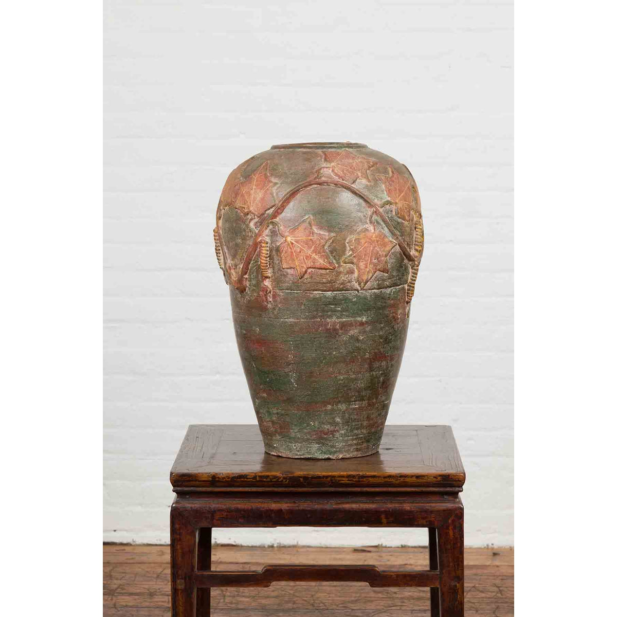 Vintage Thai Garden Vase with Vine Leaves Motifs, Orange and Green Tones-9. Asian &amp; Chinese Furniture, Art, Antiques, Vintage Home Décor for sale at FEA Home