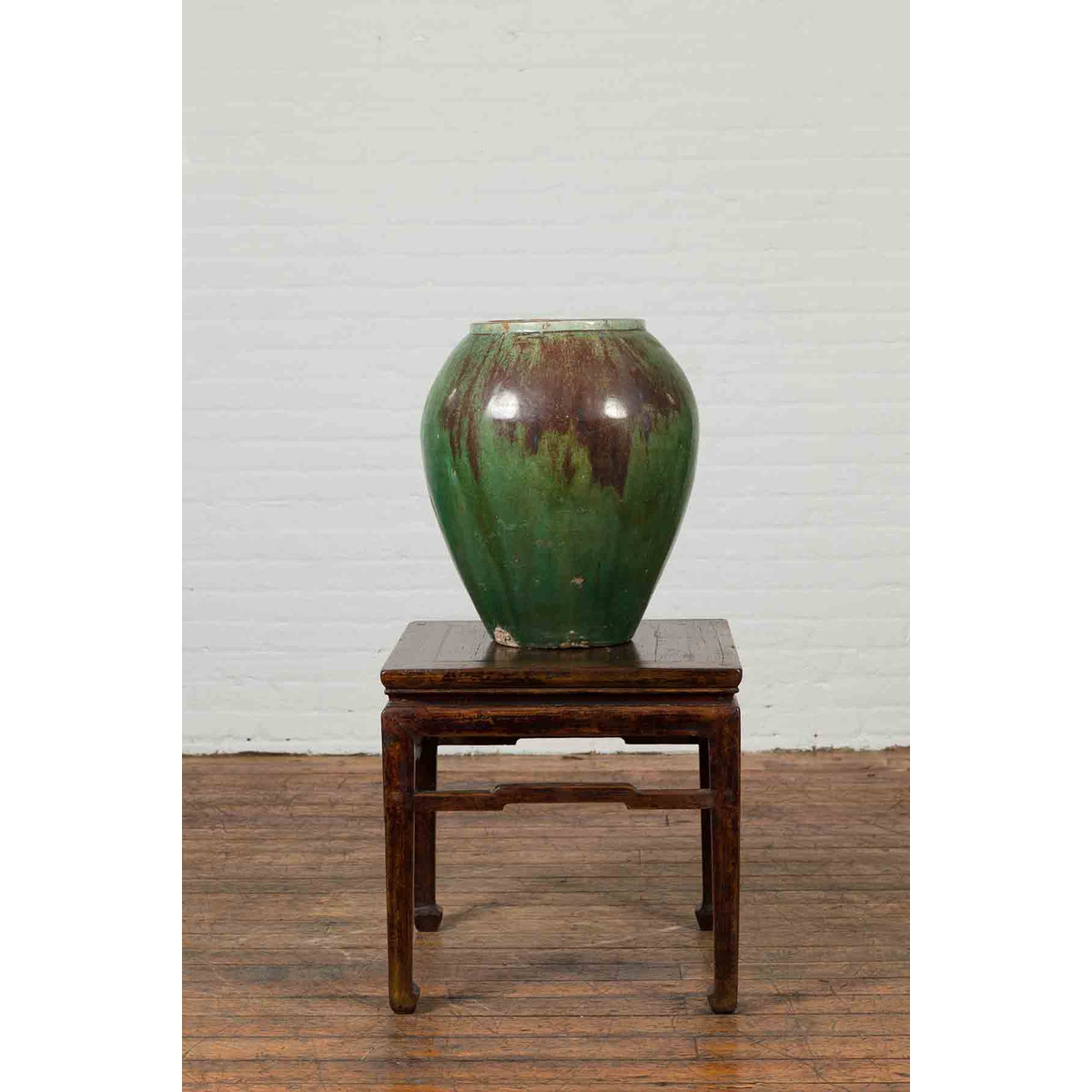 Antique Thai Garden Vase with Distressed Verde Patina and Brown Drip Glaze-9. Asian &amp; Chinese Furniture, Art, Antiques, Vintage Home Décor for sale at FEA Home