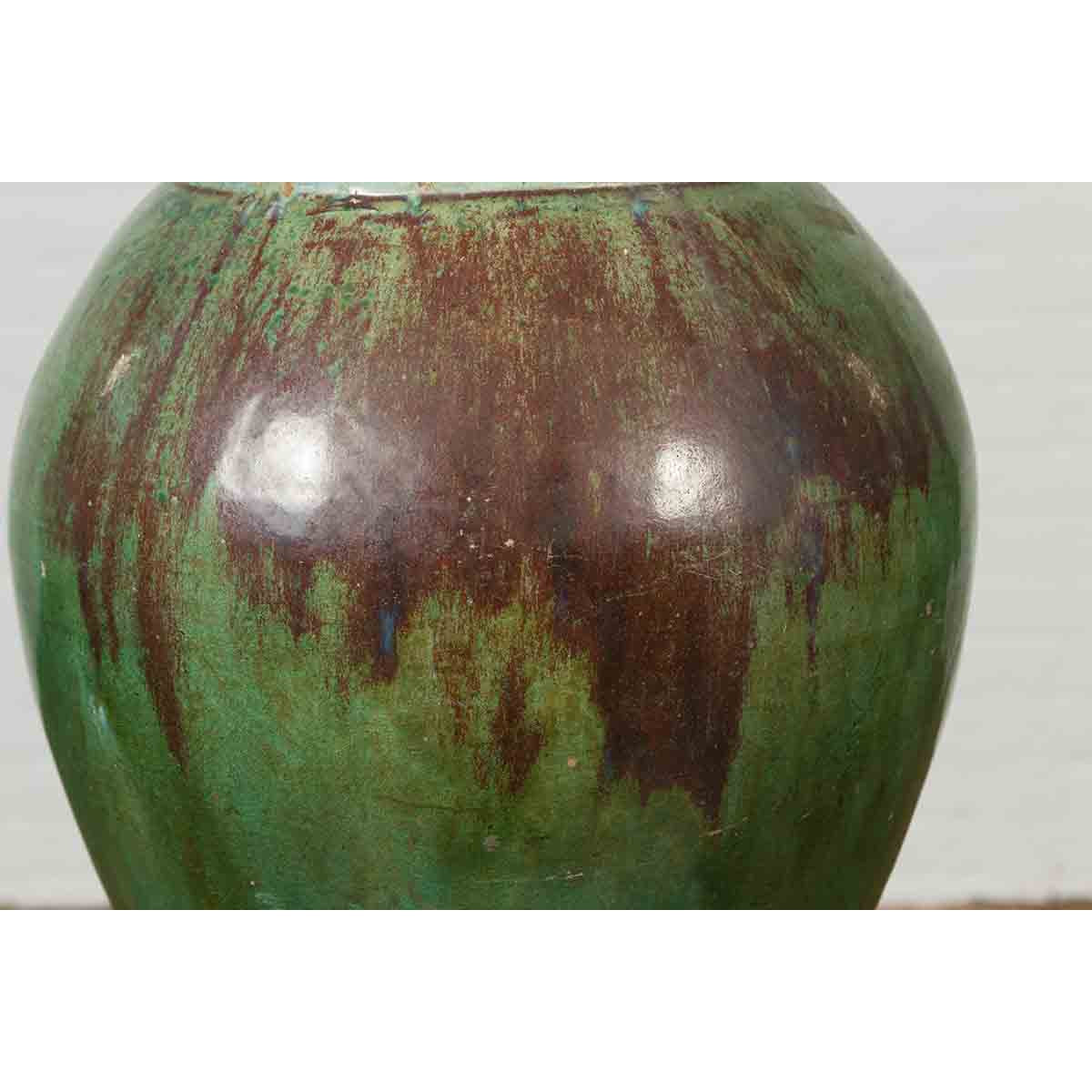 Antique Thai Garden Vase with Distressed Verde Patina and Brown Drip Glaze-4. Asian &amp; Chinese Furniture, Art, Antiques, Vintage Home Décor for sale at FEA Home