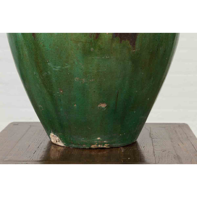Antique Thai Garden Vase with Distressed Verde Patina and Brown Drip Glaze