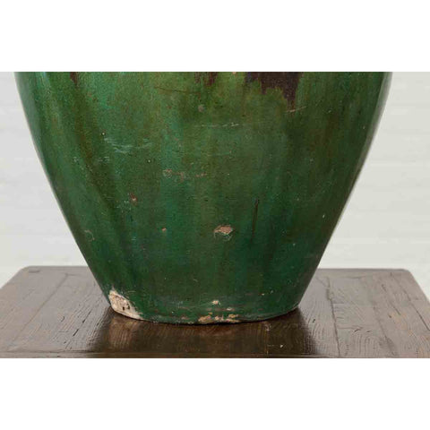 Antique Thai Garden Vase with Distressed Verde Patina and Brown Drip Glaze-YN7041-5. Asian & Chinese Furniture, Art, Antiques, Vintage Home Décor for sale at FEA Home