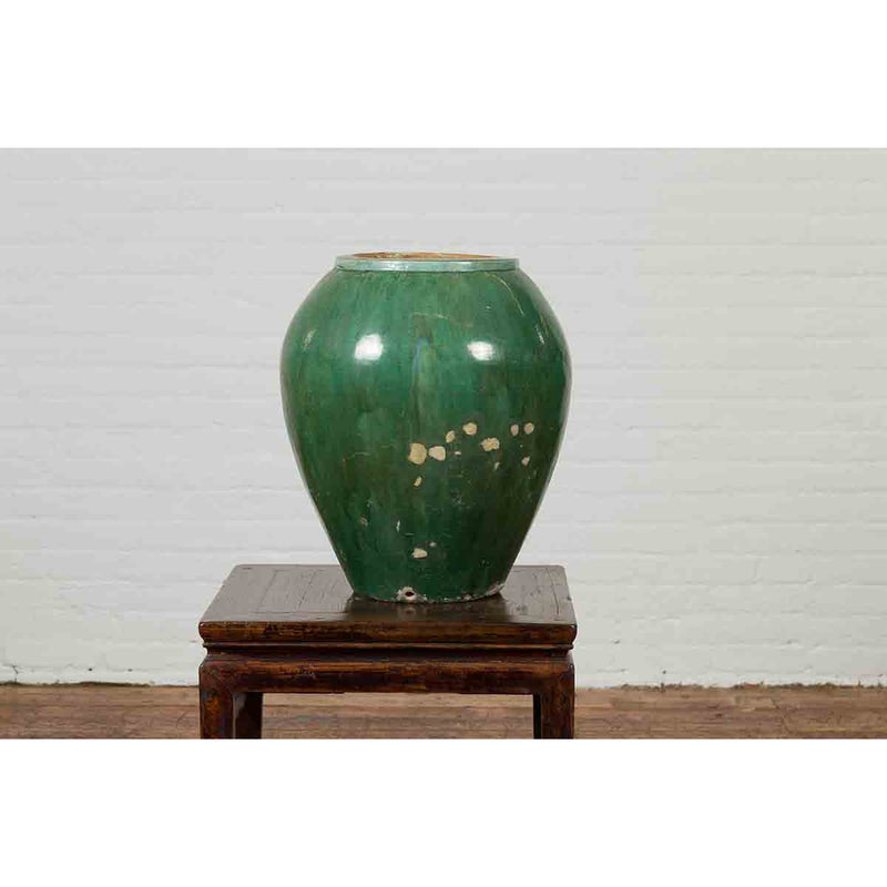Antique Thai Garden Vase with Distressed Verde Patina and Brown Drip Glaze