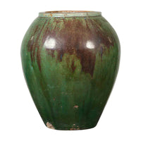 Antique Thai Garden Vase with Distressed Verde Patina and Brown Drip Glaze- Asian Antiques, Vintage Home Decor & Chinese Furniture - FEA Home
