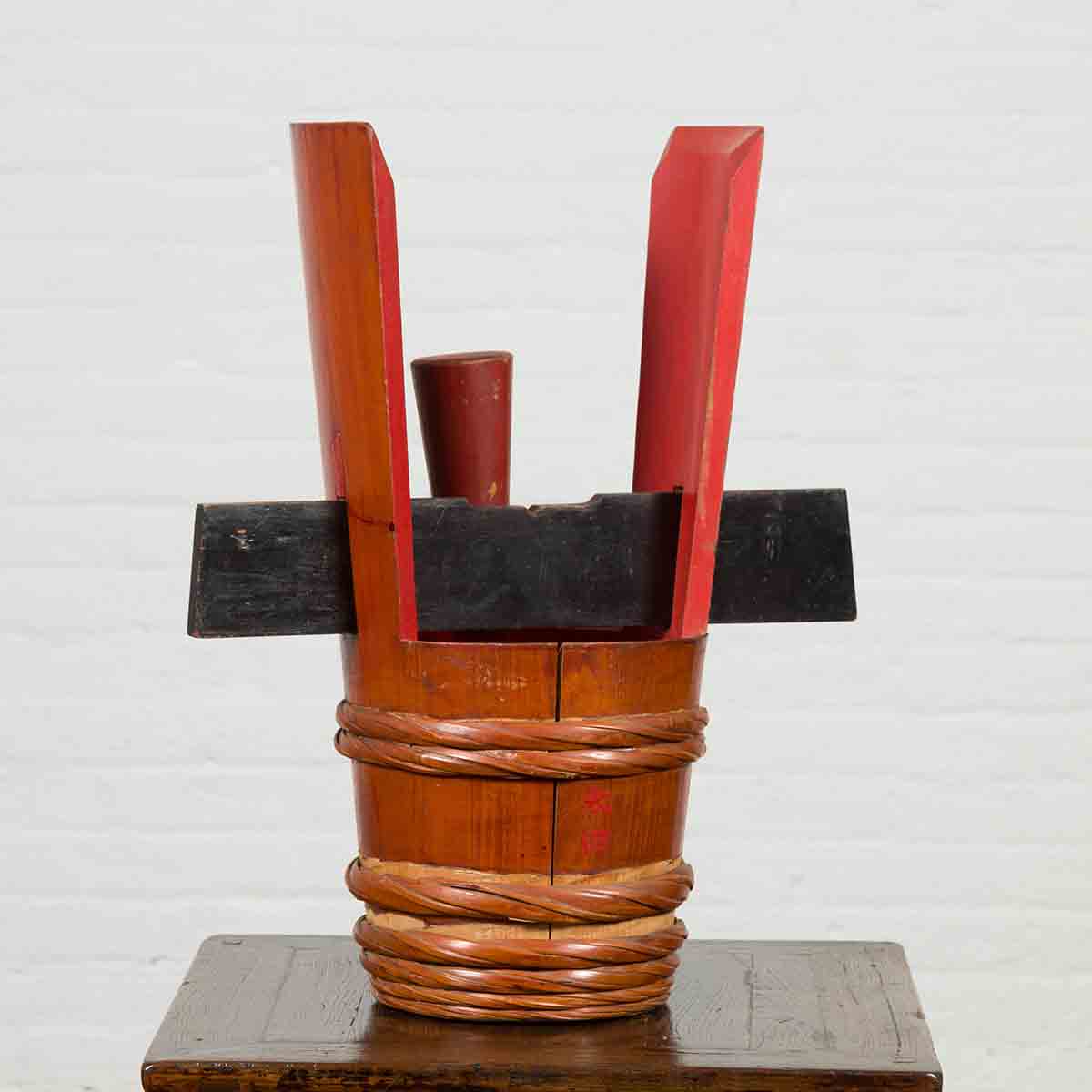Japanese Vintage Grain Storage Jug with Red Lacquer and Calligraphy Decor-2. Asian & Chinese Furniture, Art, Antiques, Vintage Home Décor for sale at FEA Home