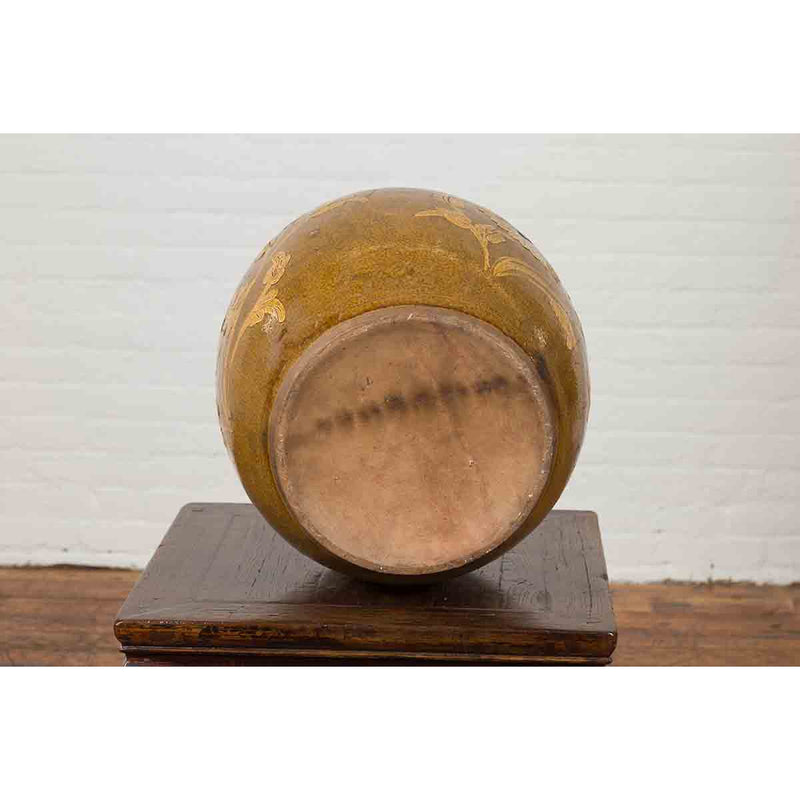 Antique Thai Glazed Ceramic Brown Round Planter with Golden Floral Motifs