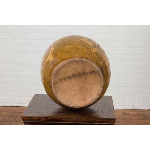 Antique Thai Glazed Ceramic Brown Round Planter with Golden Floral Motifs
