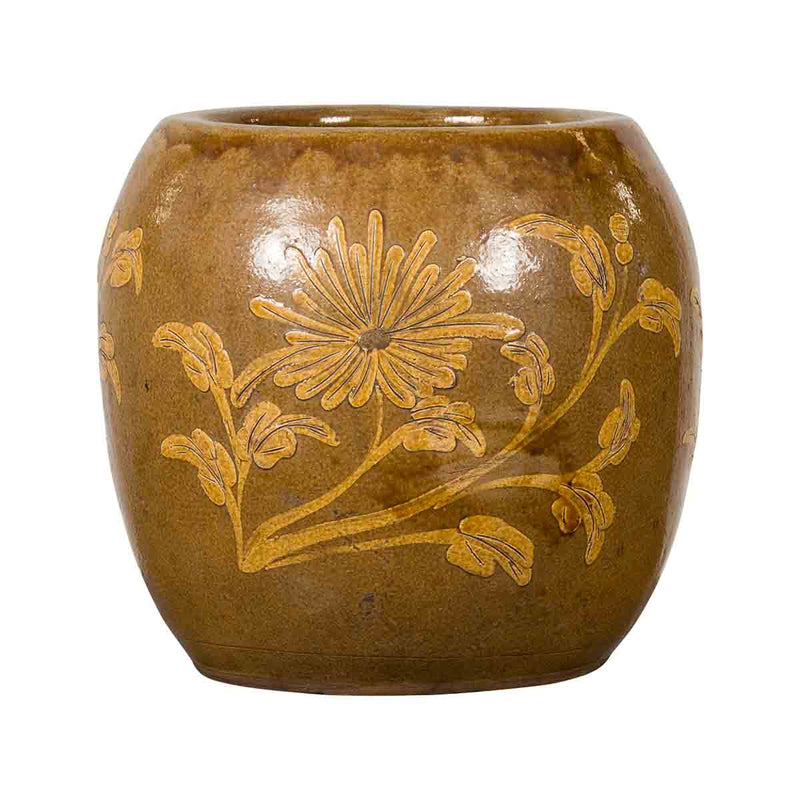 Antique Thai Glazed Ceramic Brown Round Planter with Golden Floral Motifs- Asian Antiques, Vintage Home Decor & Chinese Furniture - FEA Home