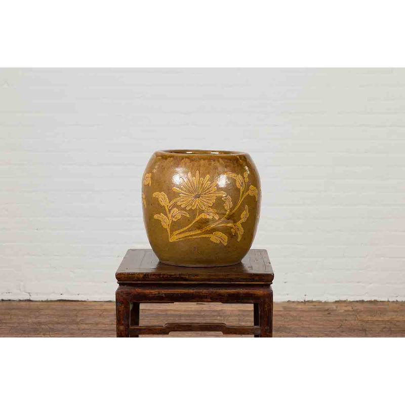 Antique Thai Glazed Ceramic Brown Round Planter with Golden Floral Motifs